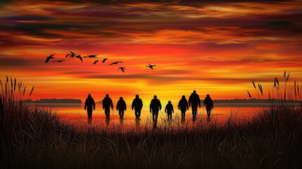 Wall Mural - Silhouetted figures walk at sunset, birds fly overhead, calm lake reflecting sky; serene nature scene