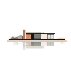 Leinwandbilder - A minimalist modern house design illustrated with clean lines and neutral colors reflected in water.