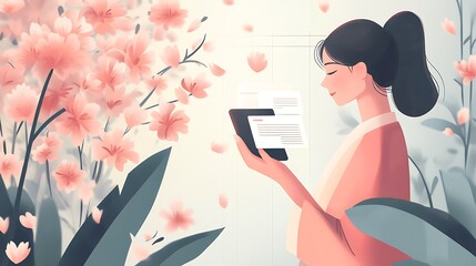 Canvas Print - Woman reads documents amidst blooming flowers.