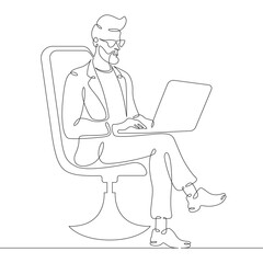 Wall Mural - Continuous one line drawing man sitting with laptop. A programmer works online. A designer at a computer. One continuous line isolated minimal illustration.Not AI.