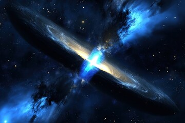 Wall Mural - A stunning cosmic explosion emits powerful blue energy beams through a black hole's swirling disk. This sci-fi space scene represents astrophysics, galaxies, and deep-space phenomena.