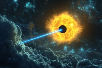 Wall Mural - A fiery cosmic vortex glows intensely as a powerful blue energy beam strikes its center. This sci-fi scene represents space phenomena, futuristic technology, and intergalactic energy forces.