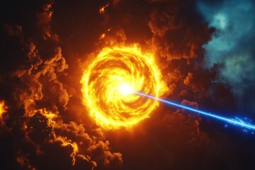 Wall Mural - A fiery cosmic vortex glows intensely as a powerful blue energy beam strikes its center. This sci-fi scene represents space phenomena, futuristic technology, and intergalactic energy forces.