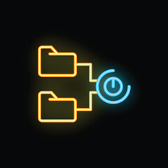 Wall Mural - neon glowing icon of data transfer with two folders sharing files through a network with a power but