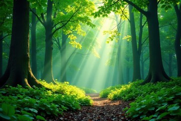 Wall Mural - Sunlight dapples forest floor, emerald canopy overhead , wallpaper, green