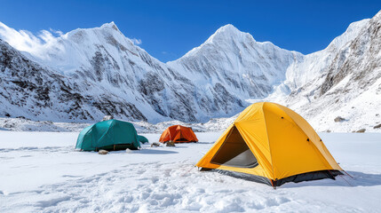 cozy base camp with colorful tents in snowy mountain landscape