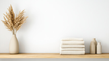 Wall Mural - Minimalist shelf display with neutral toned towels and decorative vase