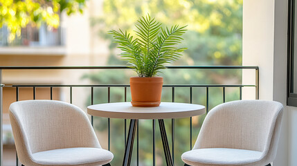 Wall Mural - serene balcony with small table, two chairs, and potted plant