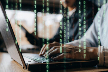 Technology computer cyberspace internet digital data network programming communication coding concept - Abstract green digital binary code matrix texture background, technology, computer