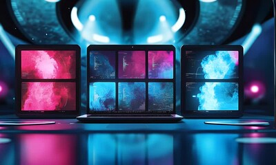 Fototapete - Laptops displaying data visualizations in futuristic lab