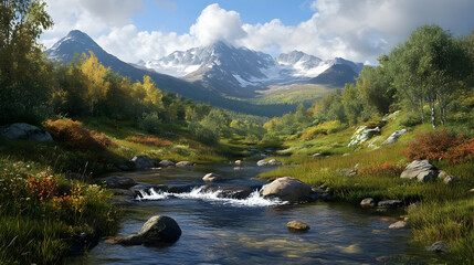 Poster - Serene Landscape with Majestic Mountains, Flowing Stream, and Lush Greenery Under Bright Sky