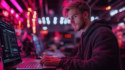 Focused young programmer coding on laptop in vibrant office.