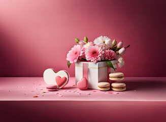 Poster - A delicate arrangement: pink flowers in a gift box, alongside heart-shaped cookies and macarons, scattered petals, and a soft pink background.  Perfect for Valentine's Day or a romantic occasion.