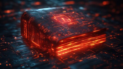 Glowing data book on circuit board, futuristic tech concept