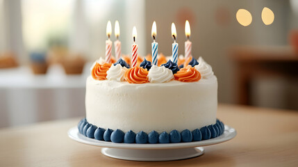 Festive birthday cake with lit candles on a table, blurred background of party decorations. Perfect for birthday celebrations or greeting cards