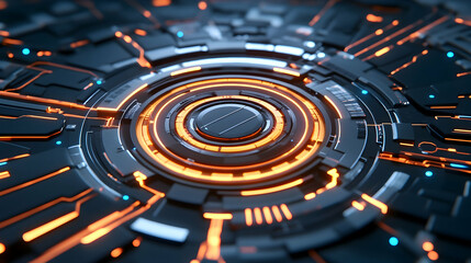 Futuristic technology interface, glowing orange circuits, dark background, for tech websites