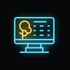 neon icon representing a weather app displaying a stylized tree and temperature data on a computer s