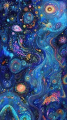 abstract cosmic artwork depicting swirling nebulae, celestial bodies, and vibrant colors.