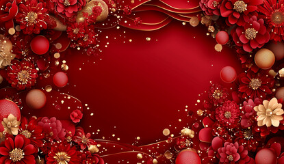 Wall Mural - a red and gold background with flowers and gold balls. the overall effect is a warm and festive atmo