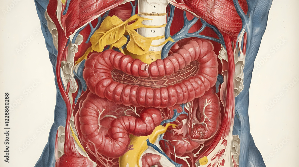 Vintage anatomical illustration of human digestive system, internal ...