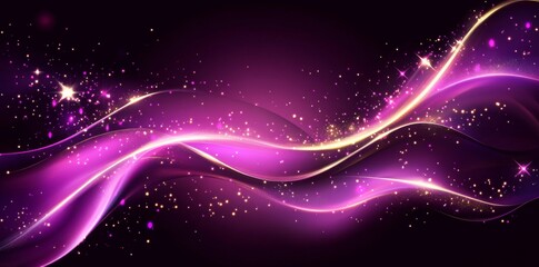 Wall Mural - abstract purple background with golden glowing lines and waves illustration.