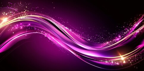 Wall Mural - abstract purple background with golden glowing lines and waves illustration.