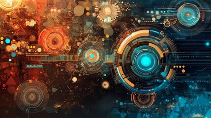 Wall Mural - abstract blurred technology background with vibrant defocused lights and futuristic digital elements