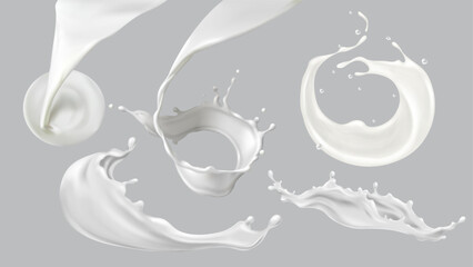 Wall Mural - Milk splash collection with dynamic liquid shapes, flying drops and circular crown effects on grey background. Realistic 3d dairy creamy white fluid motion with natural dairy beverage movement.