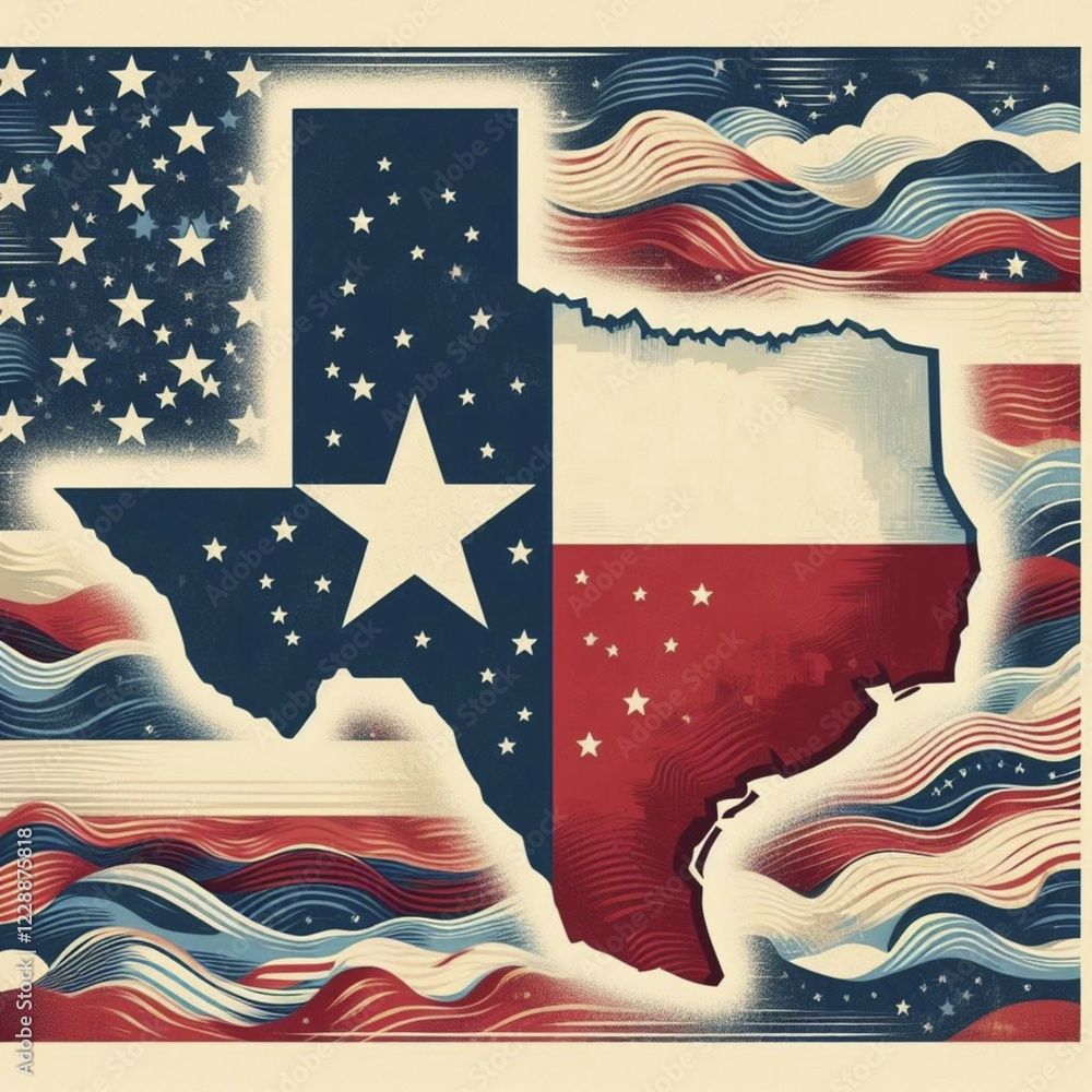 Stylized Texas shape with wavy American flag design and undulating line ...