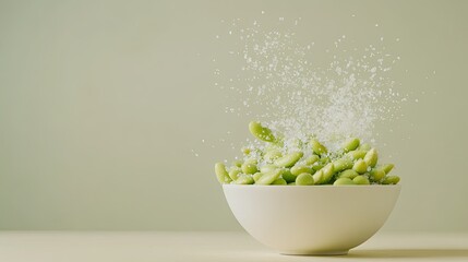 Poster - A simple setup of steamed edamame in a bowl, sprinkled lightly with sea salt, on a neutral background.