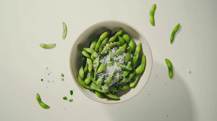 Poster - A simple setup of steamed edamame in a bowl, sprinkled lightly with sea salt, on a neutral background.