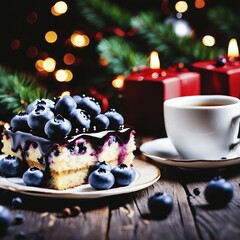 Wall Mural - Blueberry cake and a teacup with glowing Christmas lights in the background, evoking a festive and cozy mood, Blueberry Cake, AI generated