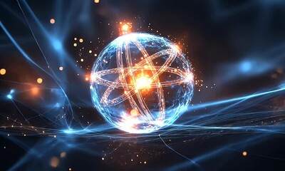 Poster - Glowing atom model, energy, dark space, science