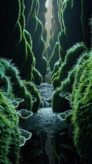 Poster - A fairy-tale canyon blanketed in moss and bioluminescent fungi, with a shimmering stream reflecting the gentle glow of the surroundings.
