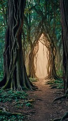 Poster - A winding forest path leading to a faintly glowing archway, with twisted roots and vines suggesting a secret portal in nature.
