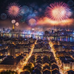 Poster - Multiple fireworks illuminate a cityscape, highlighting the buildings and river below, AI generated