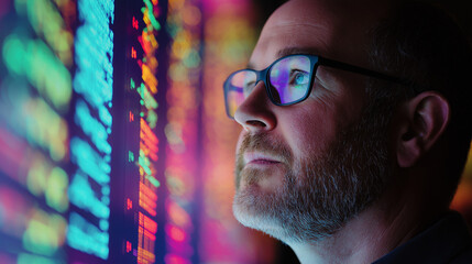 man behind bars, Man looking at colorful data visualization stock market concept