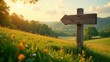 © DeeDay - Rustic wooden signpost in a sunlit meadow, pointing towards a picturesque valley at sunset, evokes a sense of journey and exploration.