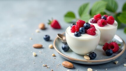 Sticker - Creamy Yogurt Parfait with Summer Berries and Nuts on a Rustic Surface