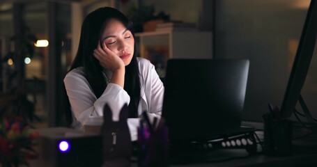 Poster - Tired woman, sleeping and night with laptop for deadline, insomnia or fatigue at office. Exhausted, female person or asian designer asleep with computer in late evening for lazy, overworked or bored
