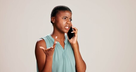 Poster - Black woman, phone call or confused with frustrated, stress and talking on white background. Girl, business person and smartphone for scam, phishing and internet fraud with conflict on mobile network
