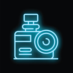 Canvas Print - Blue neon sign of a digital camera with a flash going off on a black background