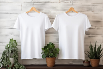 Two white t shirts hanging on Clothes hanger mockup. Generative ai