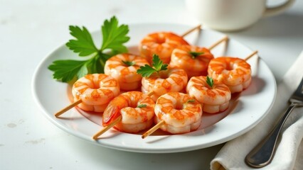 Wall Mural - Delicious Grilled Shrimp Skewers on a Plate with Parsley Garnish