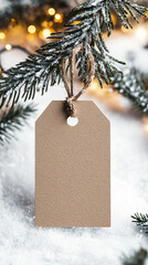 Wall Mural - christmas gift with empty tag with glowing snow bokeh background