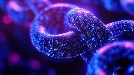 Close-up of a digital blockchain ledger with encrypted codes and holographic effects