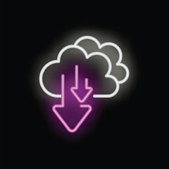 Wall Mural - glowing neon icon of downloading data from cloud storage is shining on a black wall