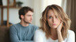 © dang - Serious sad woman thinking over a problem, man aside, meeting therapist, poor chance of getting pregnant after 40, unmet expectations, unable to handle family finances, interested in different things