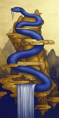 Wall Mural - A blue snake coiled around floating golden rock platforms with waterfalls against a gold background, 2025 Chinese zodiac year of the Wood Snake theme, AI generated