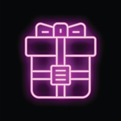 Sticker - Pink neon sign of a gift box with a bow is glowing on a black background